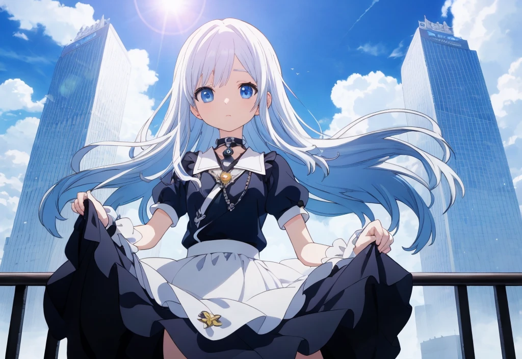 absurderes, hight resolution, (Anime style:1.1), ((masutepiece)), ((Best Quality)), (Ultra-detailed), (Beautiful), solo, Beautiful face、(liftup)、Cute  looking at the view from the top of a skyscraper that is closer to the atmosphere,Wind,((Thin White colorful long hair)),, Blue Eyes,Lens Flare,Dramatic,Detailed Ancient City、Skirt fluttering in the wind、Clouds below looking down、(Don't look here:1.4),((Kingdom hearts4)),((Shibuya))1.5,