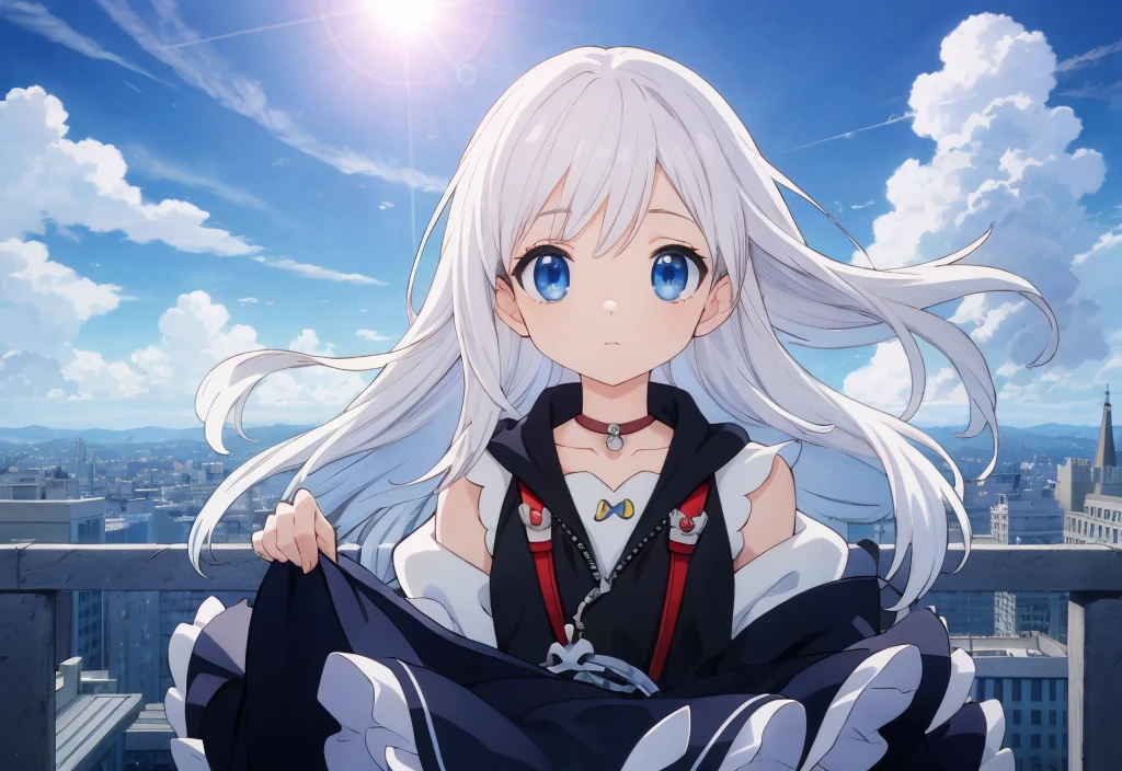 absurderes, hight resolution, (Anime style:1.1), ((masutepiece)), ((Best Quality)), (Ultra-detailed), (Beautiful), solo, Beautiful face、(liftup)、Cute looking at the view from the top of a skyscraper that is closer to the atmosphere,Wind,((Thin White colorful long hair)),, Blue Eyes,Lens Flare,Dramatic,Detailed Ancient City、Skirt fluttering in the wind、Clouds below looking down、(Don't look here:1.4),((Kingdom hearts4)),((Shibuya))1.5,
