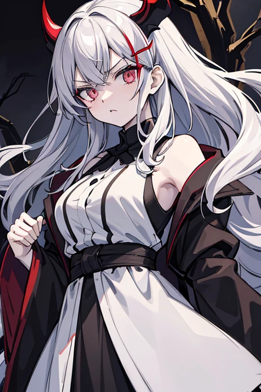 masterpiece, best quality, portrait, 8K, anime style demon slayer, night, forest, pale demon woman in her thirties, half white and half black long hair, gray eyes, angry, gray black and white light sleeveless, robes demon, nervous, gold hairpin with red elements, vertical pupil, gray eyes of one color,

