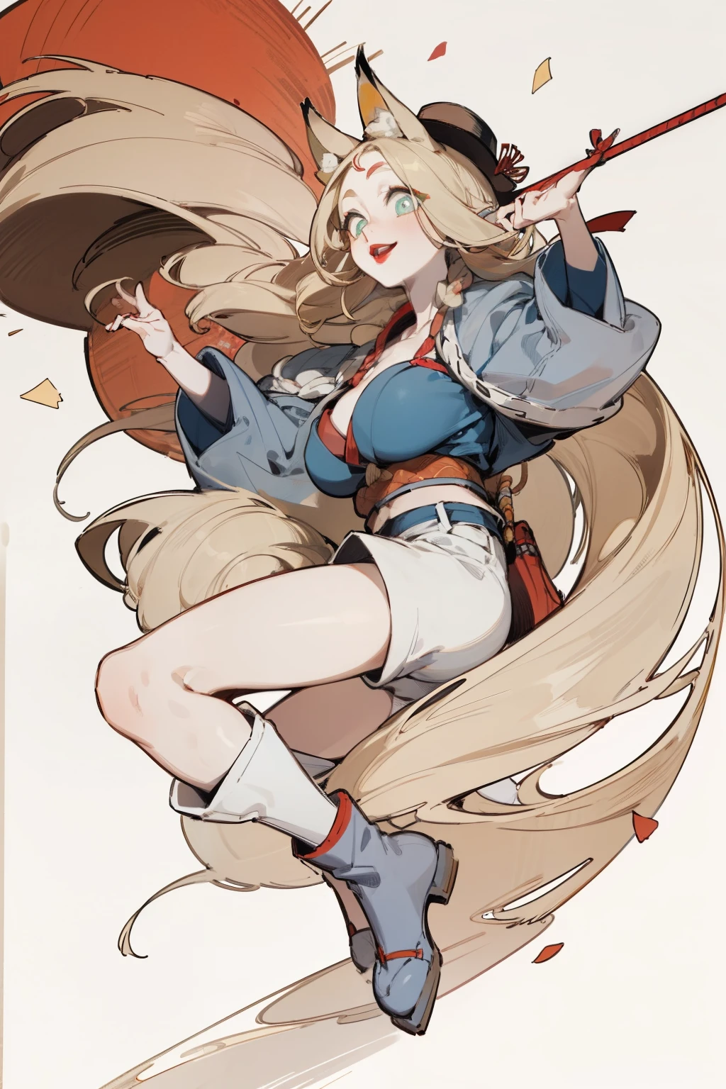 White skin, (Fox ears), Exquisite eyes,Red Eyeshadow, Red lips,White shorts,Fake laugh, Ukiyo-e, masterpiece, high quality, at the lowest limit, Tiny,White boots,Huge breasts,Wearing a straw hat