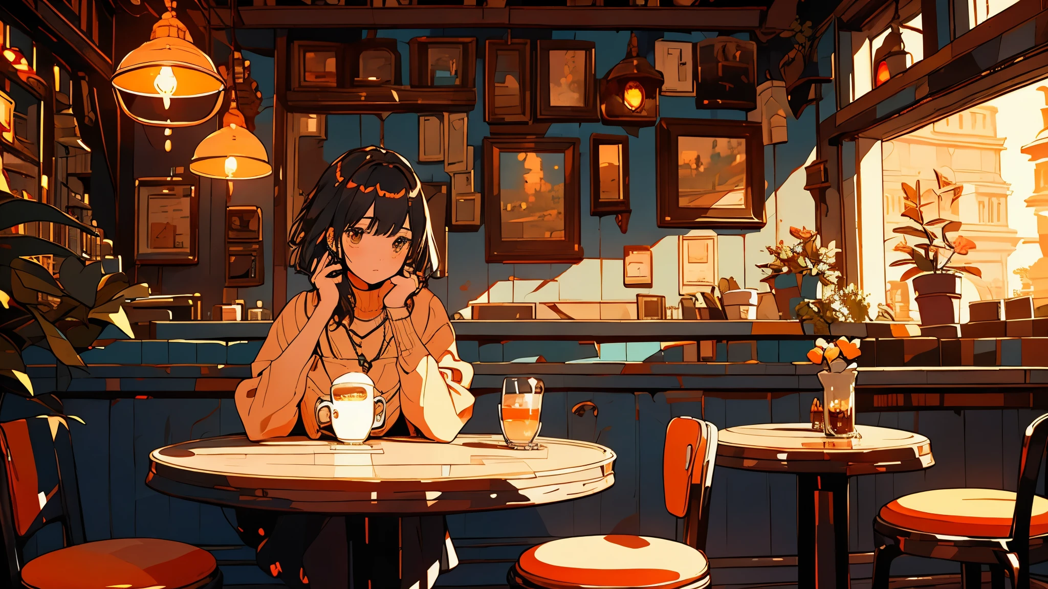 afternoon at a corner café, where a girl sits at a terrace table, engrossed in a book she holds in her hands. Surrounding her is the ambient vibe of the café, with mellow background music drifting through the air, her table sits a hot coffee, shelves nearby are lined with books, wears a calm expression, Dramatic Lighting, (Masterpiece:1.2), Top Quality, High Resolution, Beautiful Details, Highly Detailed, Perfect Lighting