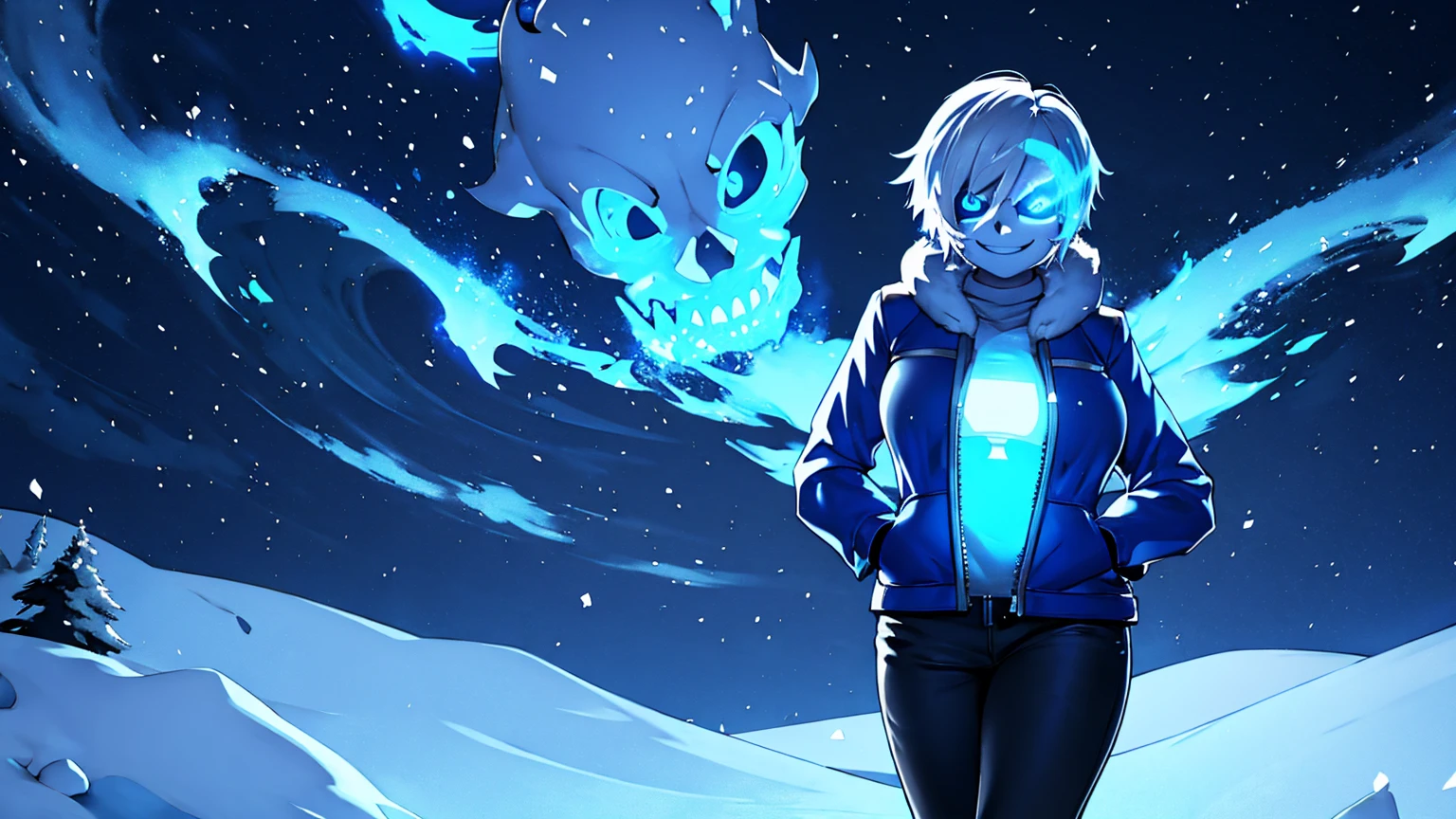 Toby Fox Undertale Sans Blue Jacket ,Fire eyes skull smile white short hair glowing snow town Femininefull big breast breast enlargement full-body shot