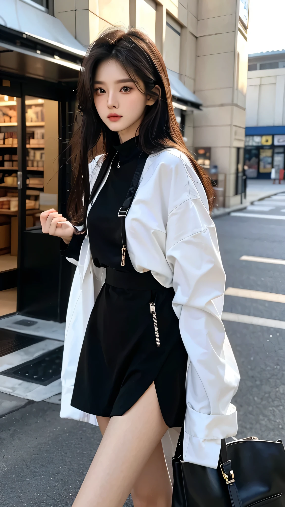 masterpiece、top-quality)、1 beutiful girl、Slim body、((Black and white plain clothes:1.1))、(Detailed beautiful eyes)、Walk around the store、((Boyish Brown Medium Hair))、((Smaller face))、((Neutral face))、((Face seen from the side))、((Light brown eyes))、((Korean Girl))、((18year old))、((cool lady))、((Wild look))、((Korean Makeup))、((elongated and sharp eyes))、((Happy dating))、((looking distantly))、((boyish))、((Shot from the same height as your face))、((Viewers are tall))、((She is walking in front of the viewer))、((Spoiled by viewers))
