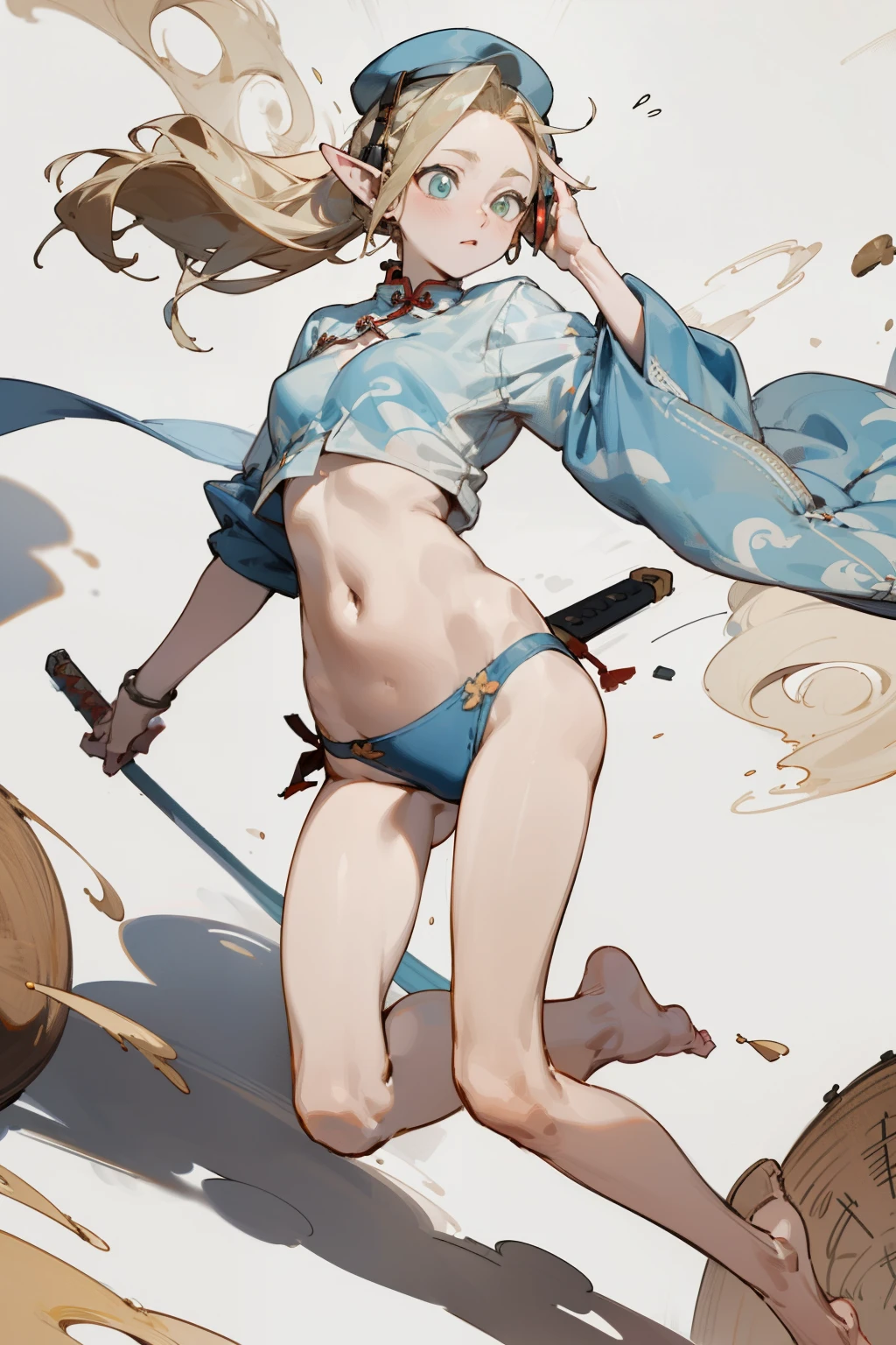 Wearing a bikini、Wearing a hat and a sword,Wearing headphones, (masterpiece, best quality) detailed,silver accessories , Blonde ,elegant, Pointed ears ,Chinese element pattern,Wear a white shirt,Navel exposed,Barefoot