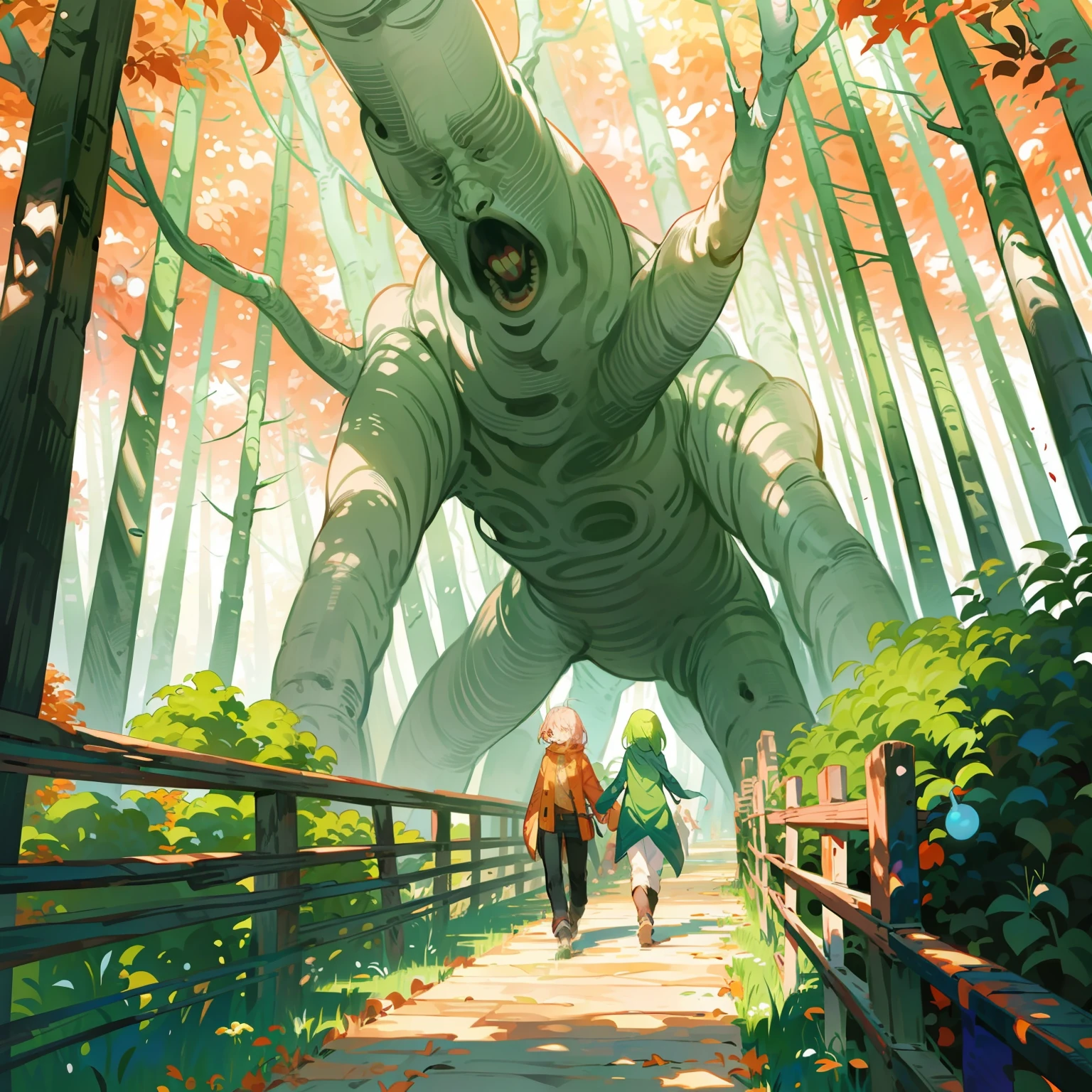 Anime walking tree, Surreal landscape, Trunk twisting like a human spine, Leaves rustling softly, Branches bending with each step, Quirky smile on its bark, Roots reaching out like arms, Green figurative hair flying in the wind, Unique sight to behold, Curiosity piquing passersby, Walking tree continues along the path, Drawing stares and wonder from all who see, Resembling a giant, sentient being, Eyes closed, lost in thought as it ambles on, Abreast of the bustling crowd, but not quite a part, A living metaphor of the surreal world around us.