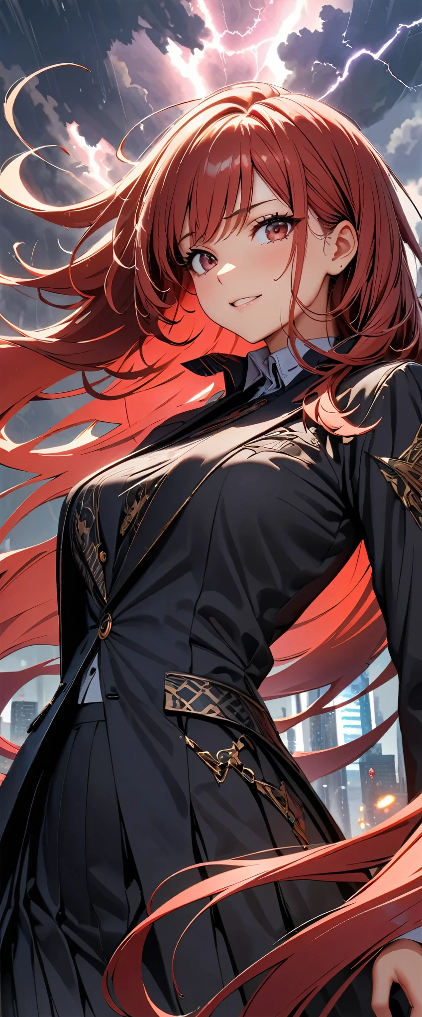 (high quality, 8k, 4K, High Contrast, masterpiece:1.2, 最high quality, Best aesthetics), 1 Female,Fantasy art, Complex Pattern, Heavy Metal, Energy Line, elegant, intense, A uniform with a blood red and darkness black motif, long flowing hair, Eyes of Determination, Powerful strokes, Excited state, Detailed Weapons, Modern, Cityscape, Main Straight, Dark Clouds, thunderstorm, heavy rain, Dramatic lighting, High Detail, Light and shadow with attention to detail, Background bokeh.