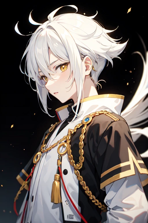 anime boy, black hair from his nape, white hair on the sides and top part of his head, dark yellow eyes, resembles hatsuharu sohma 