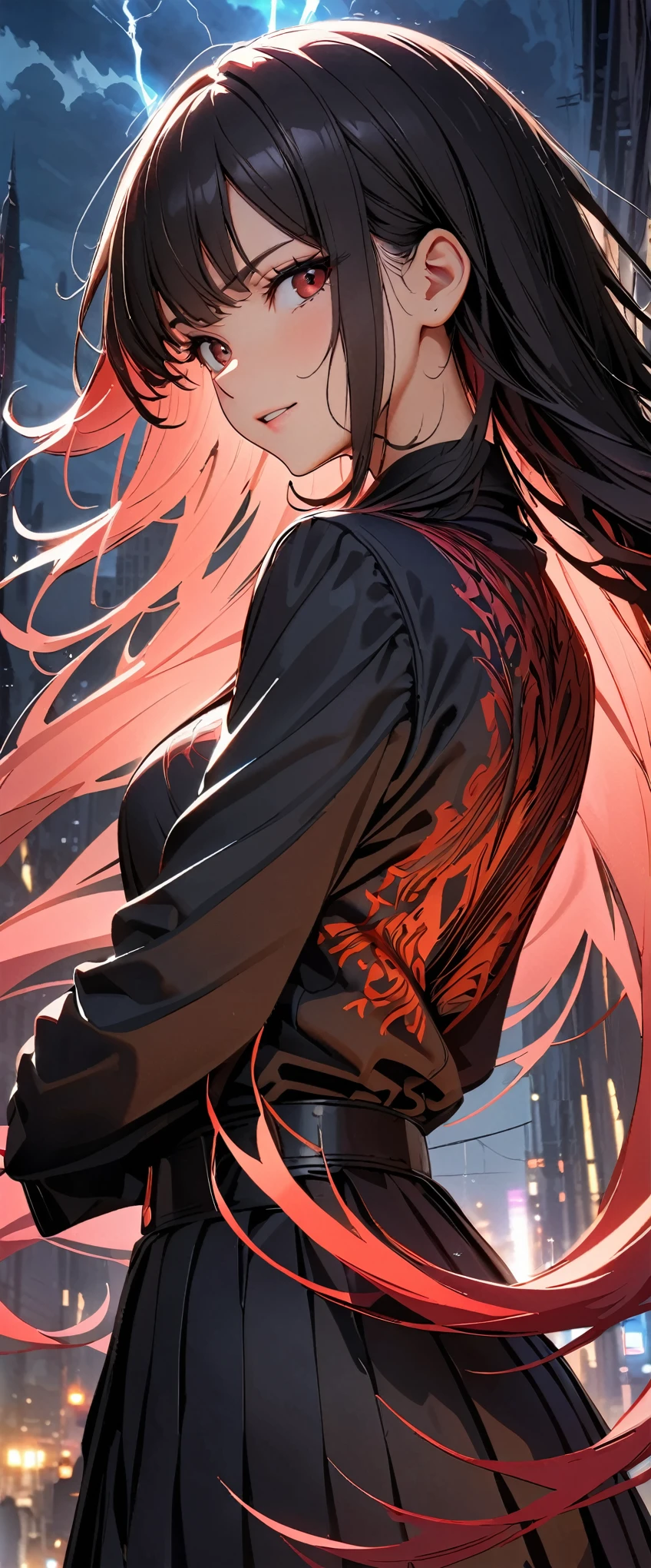 (high quality, 8k, 4K, High Contrast, masterpiece:1.2, 最high quality, Best aesthetics), 1 Female,Fantasy art, Complex Pattern, Heavy Metal, Energy Line, elegant, intense, A uniform with a blood red and darkness black motif, long flowing hair, Eyes of Determination, Powerful strokes, Excited state, Detailed Weapons, Modern, Cityscape, Main Straight, Dark Clouds, thunderstorm, heavy rain, Dramatic lighting, High Detail, Light and shadow with attention to detail, Background bokeh.