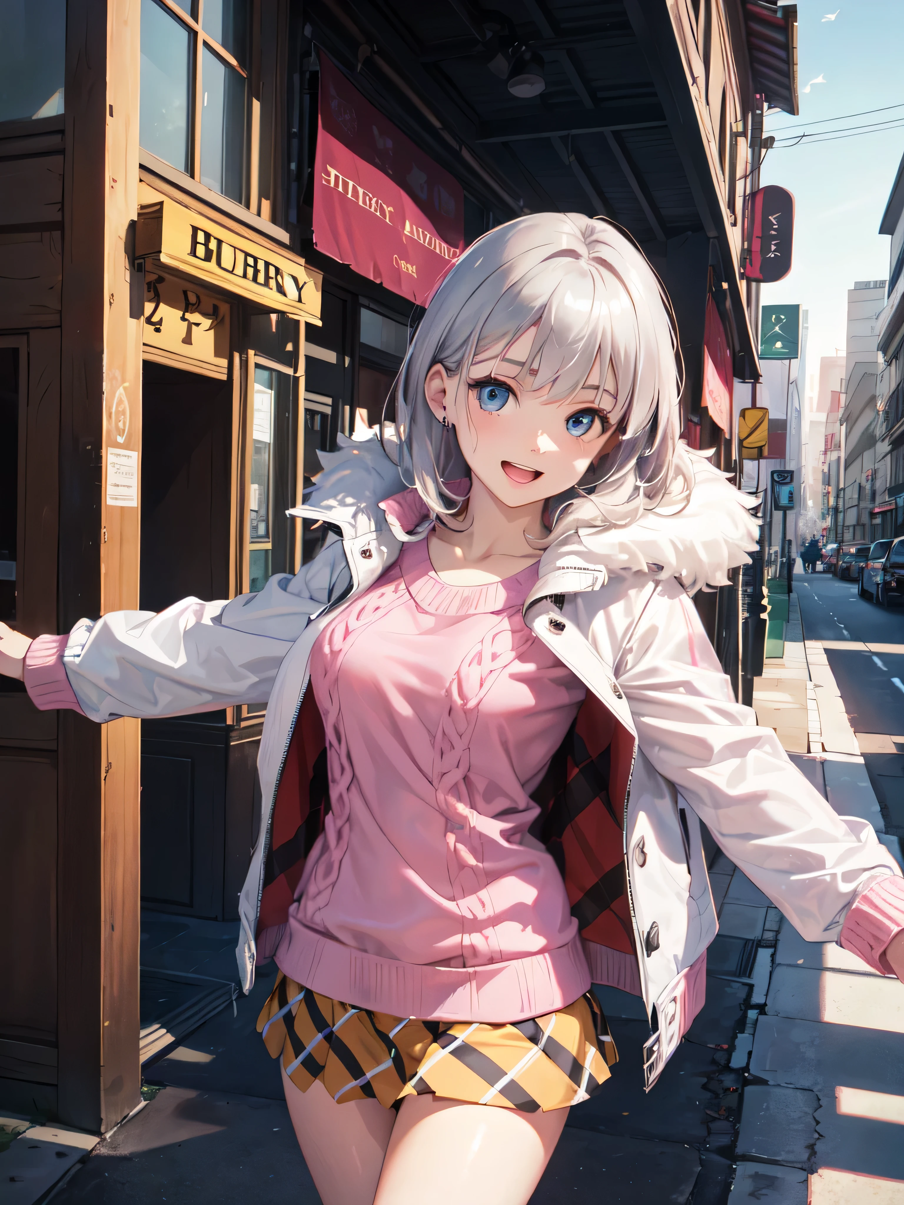(masterpiece:1.2, highest quality), (Realistic, photoRealistic:1.4), Beautiful illustrations, (Natural Side Lighting, Cinema Lighting), Browsing Caution,
View your viewers, 1 girl, Japanese, high school girl, Perfect Face, Cute and symmetrical face, Shiny skin,
(Middle Hair:1.5, (Both sides up:1.2), Silver Hair), Hair between the eyes, Big eyes, blue eyes, Long Eyelashes, (Medium chest), thin, Dark red hair ribbon,
Beautiful Hair, Beautiful Face, Beautiful fine details, Beautiful clavicle, Beautiful body, Beautiful breasts, Beautiful thighs, Beautiful feet, Beautiful fingers,
((White fur jacket, Pink Sweater, Burberry Check Mini Skirt)),
(Beautiful views), evening, (street), Are standing, Outstretched arms, (Cute smile, Open your mouth),