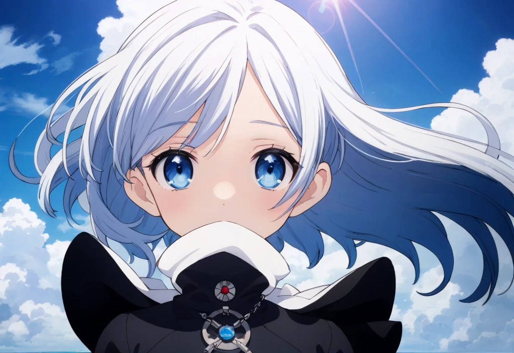 absurderes, hight resolution, (Anime style:1.1), ((masutepiece)), ((Best Quality)), (Ultra-detailed), (Beautiful), solo, Beautiful face、(liftup)、Cute looking at the view from the top of a skyscraper that is closer to the atmosphere,Wind,((Thin White colorful long hair)),, Blue Eyes,Lens Flare,Dramatic,Detailed Ancient City、Skirt fluttering in the wind、Clouds below looking down、(Don't look here:1.4),((Kingdom hearts4)),((Shibuya))1.5,