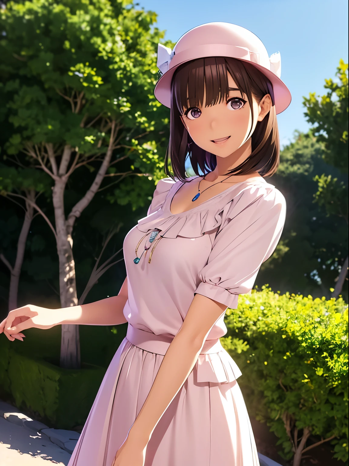 Anime girl in a pink dress and hat posing for a picture - SeaArt AI