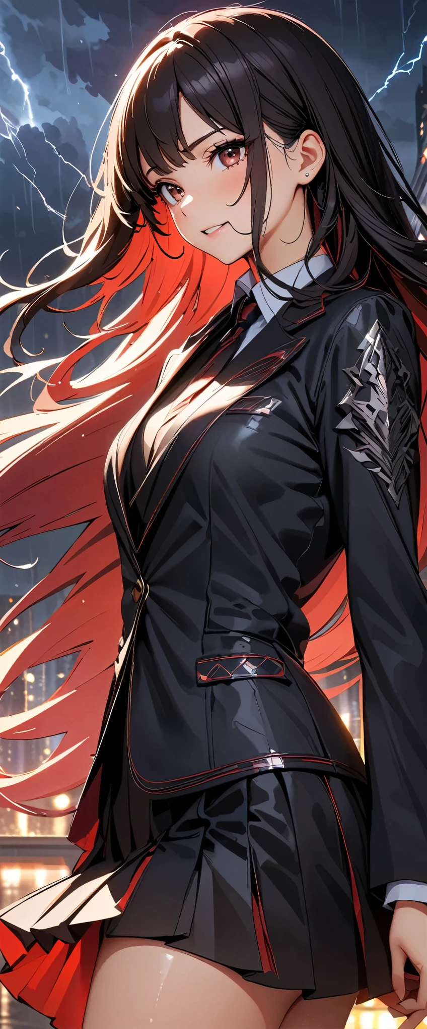 (high quality, 8k, 4K, High Contrast, masterpiece:1.2, 最high quality, Best aesthetics), 1 Female,Fantasy art, Complex Pattern, Heavy Metal, Energy Line, elegant, intense, A uniform with a blood red and darkness black motif, long flowing hair, Eyes of Determination, Powerful strokes, Excited state, Detailed Weapons, Modern, Cityscape, Main Straight, Dark Clouds, thunderstorm, heavy rain, Dramatic lighting, High Detail, Light and shadow with attention to detail, Background bokeh.
