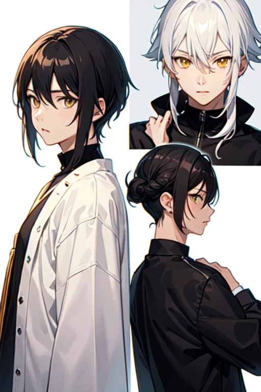 anime boy, black hair from his nape, white hair on the sides and top part of his head, dark yellow eyes, resembles hatsuharu sohma 