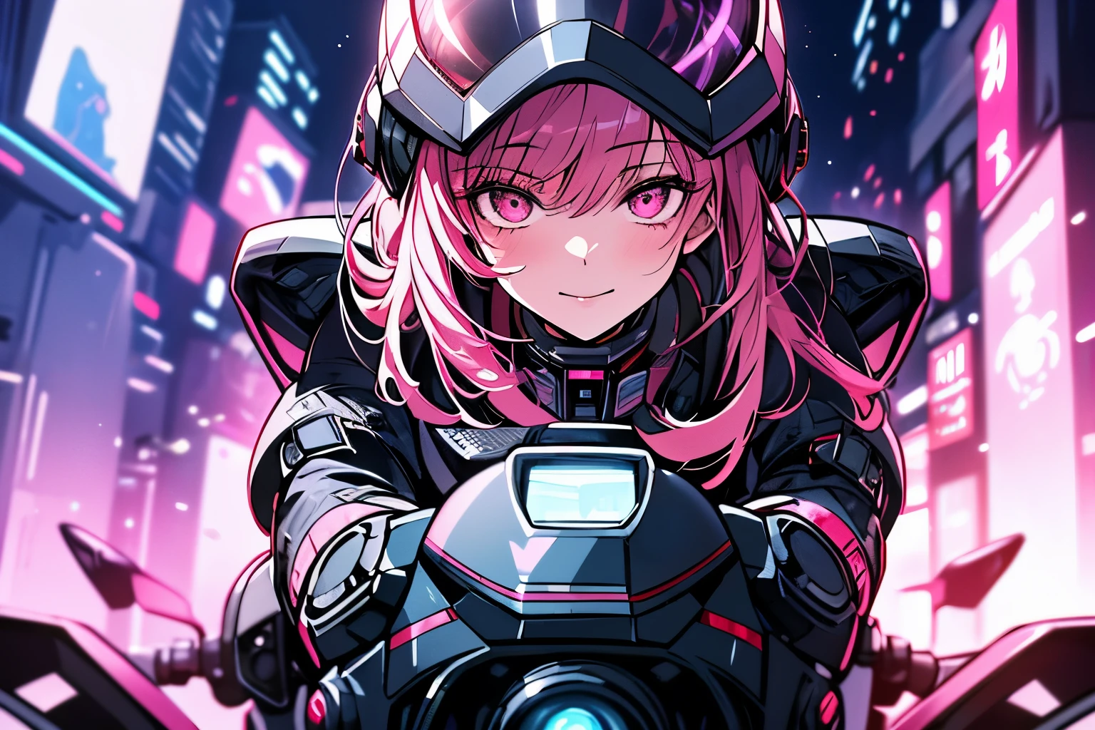 Highest image quality, outstanding details, ultra-high resolution, (realism: 1.4), the best illustration, favor details, highly condensed 1girl, with a delicate and beautiful face, wearing a pink mech, wearing a mecha helmet, holding a direction controller, riding on a motorcycle, the background is a high-tech lighting scene of the future city.