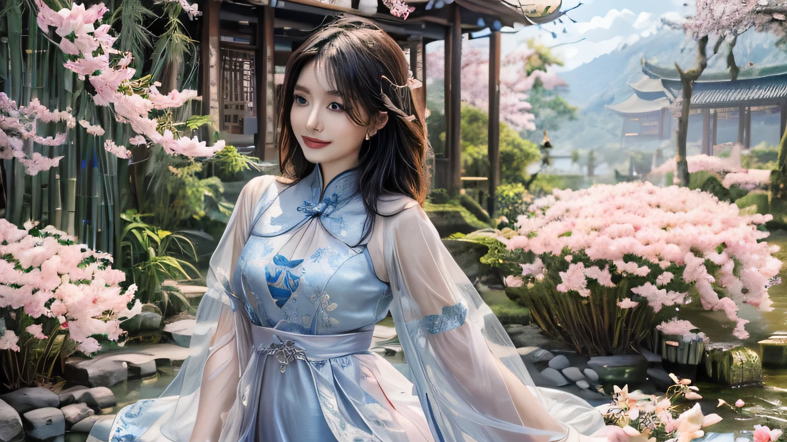 (best quality,4k,8k,highres,masterpiece:1.2),ultra-detailed,(realistic,photorealistic,photo-realistic:1.37), HDR,UHD,studio lighting, 1girl, solo,bamboo forest,traditional Chinese architecture,clean water,crystal clear reflection,floating lotus flowers,serene atmosphere,misty mountains,cherry blossoms in bloom,soft sunlight,subtle shadows,ethereal ambiance,flowing silk Chinese dress,radiant smile,almond-shaped eyes,pale skin,delicate features,graceful posture,wind blowing through her hair,peaceful expression,enchanting scenery.