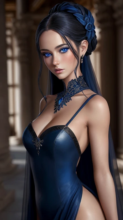 Portrait 8k; une voleuse jeune elfe de la nuit aux cheveux blanc à la peau bleu dans un temple portant une robe armure de voleuse noire, Mysterious, elegant, charmeuse, Very detailed, digital painting, (fantaisie, side lighting, beautiful, finely detailed blue eyes: 1.2), HDR, black outfit reinforced with leather strap