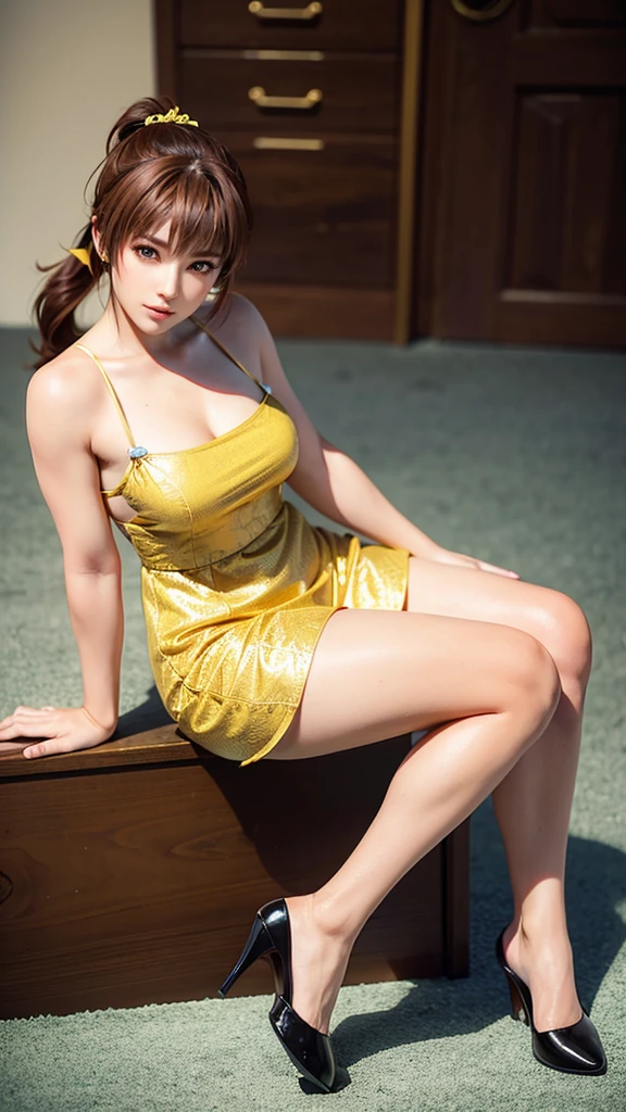 kasumi, brown hair, hair tied with ponytail, brown eyes, wearing a short yellow dress with black lace, sitting, side angle, full body