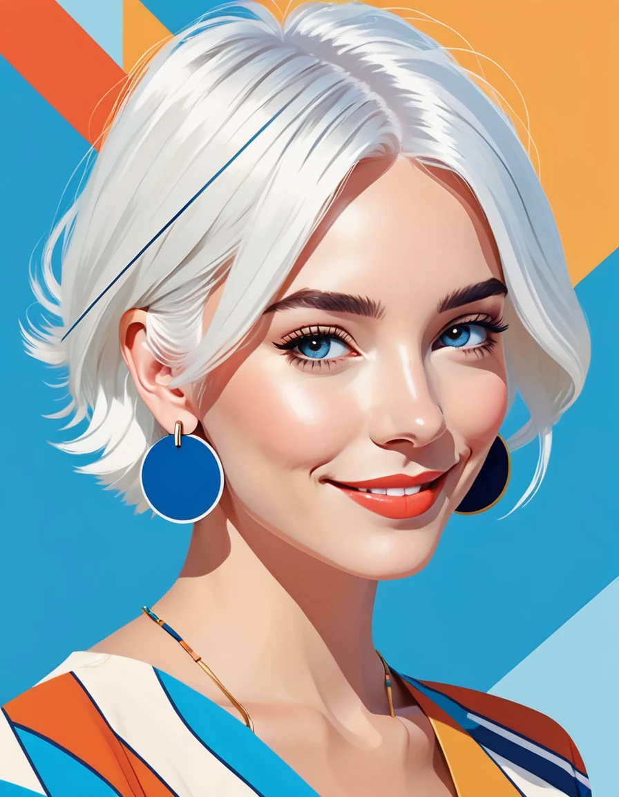 Minimalist, a fashion girl, white hair, blue background, wearing special earrings, Bohemian style, close-up, portrait facing camera, smiling flat illustrations, geometric shapes, clean, psychedelic american comics, 2D