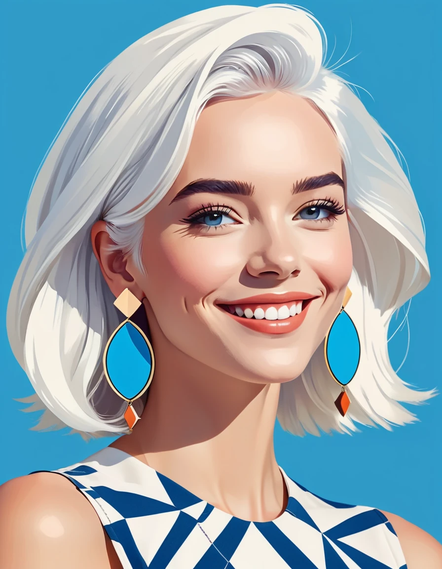 Minimalist, a fashion girl, white hair, blue background, wearing special earrings, Bohemian style, close-up, portrait facing camera, smiling flat illustrations, geometric shapes, clean, psychedelic american comics, 2D