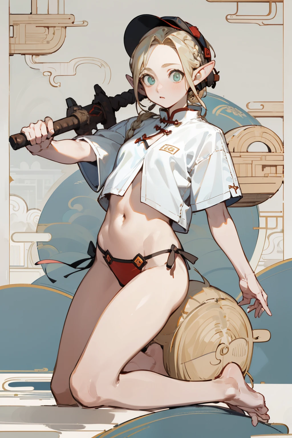 Wearing a bikini、Wearing a hat and a sword,Wearing headphones, (masterpiece, best quality) detailed,silver accessories , Blonde ,elegant, Pointed ears ，Chinese element pattern，Wear a white shirt,Navel exposed,Barefoot