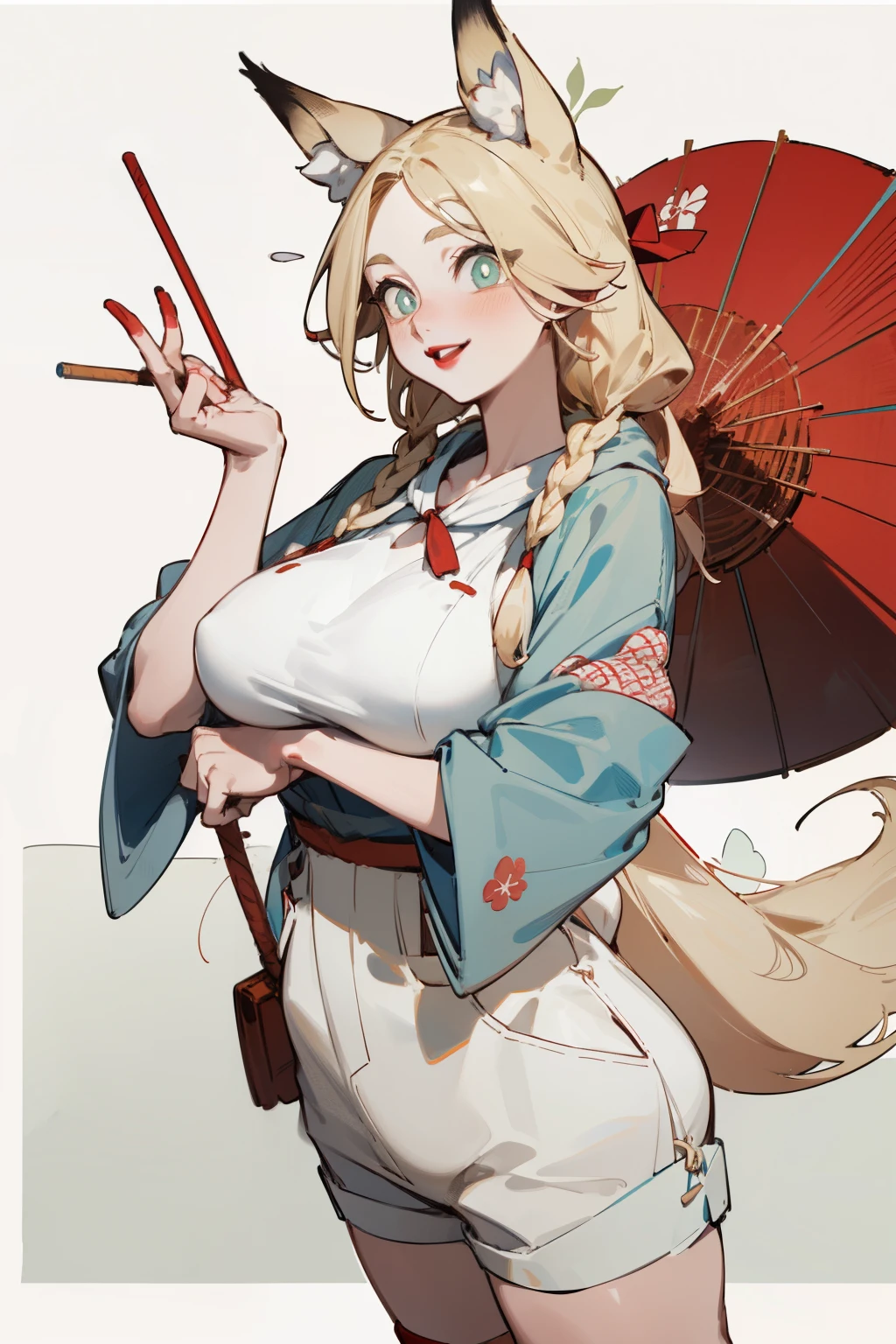 Upper body standing painting, White skin, (Fox ears), Exquisite eyes,Red Eyeshadow, Red lips,White shorts,Fake laugh, Ukiyo-e, masterpiece, high quality, at the lowest limit, Tiny,White boots,Huge breasts,Wearing a straw hat