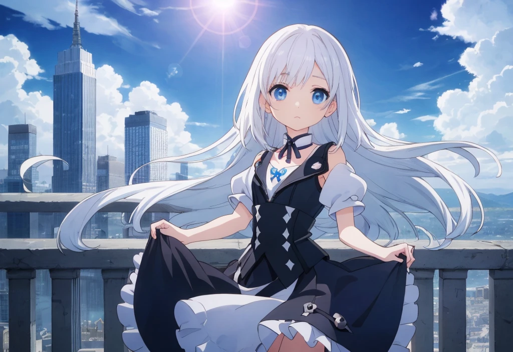 absurderes, hight resolution, (Anime style:1.1), ((masutepiece)), ((Best Quality)), (Ultra-detailed), (Beautiful), solo, Beautiful face、(liftup)、Cute looking at the view from the top of a skyscraper that is closer to the atmosphere,Wind,((Thin White colorful long hair)),, Blue Eyes,Lens Flare,Dramatic,Detailed Ancient City、Skirt fluttering in the wind、Clouds below looking down、(Don't look here:1.4),((Kingdom hearts4)),((Shibuya))1.5,