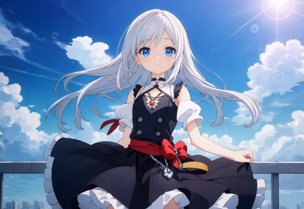absurderes, hight resolution, (Anime style:1.1), ((masutepiece)), ((Best Quality)), (Ultra-detailed), (Beautiful), solo, Beautiful face、(liftup)、Cute  looking at the view from the top of a skyscraper that is closer to the atmosphere,Wind,((Thin White colorful long hair)),, Blue Eyes,Lens Flare,Dramatic,Detailed Ancient City、Skirt fluttering in the wind、Clouds below looking down、(Don't look here:1.4),((Kingdom hearts4)),((Shibuya))1.5,