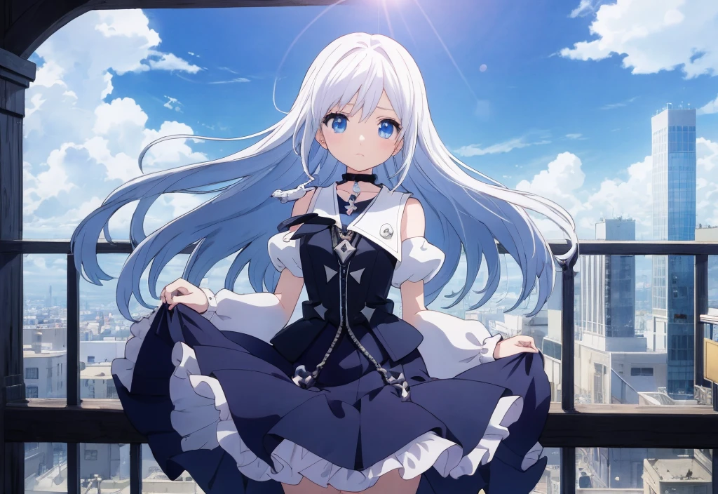 absurderes, hight resolution, (Anime style:1.1), ((masutepiece)), ((Best Quality)), (Ultra-detailed), (Beautiful), solo, Beautiful face、(liftup)、Cute  looking at the view from the top of a skyscraper that is closer to the atmosphere,Wind,((Thin White colorful long hair)),, Blue Eyes,Lens Flare,Dramatic,Detailed Ancient City、Skirt fluttering in the wind、Clouds below looking down、(Don't look here:1.4),((Kingdom hearts4)),((Shibuya))1.5,