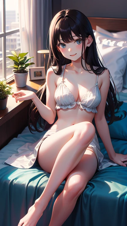 masterpiece, highest quality, One Girl, View your viewers, Small waist, RAWphotograph、Accurate fingertips、 Ultra-realistic, High resolution, photograph, Sharp focus, Most detailed, Very detailed, Very detailed, In detail, Very detailed目と顔,Very detailed手と指、Idol、Thighs, beautiful girl,View your viewers, Small waist,Symmetrical face, whole body、Skin-tight skin-colored clothing、barefoot、Cleavage、Large Breasts、Beautiful clavicle、Long Hair、Beautiful belly button、Happy expression、Lie down with your legs spread、Sleep on your back
