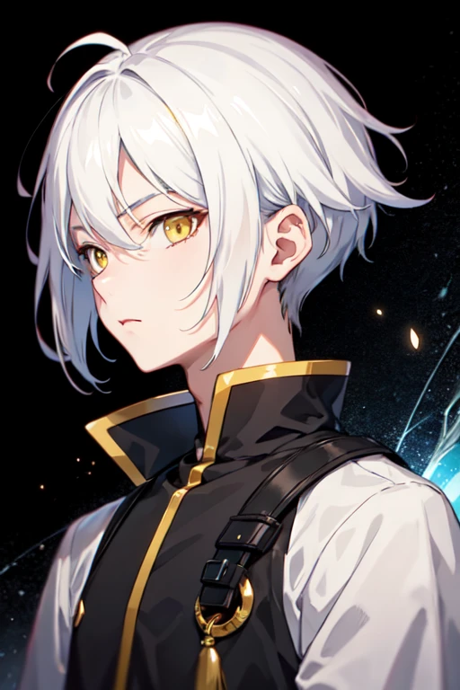 anime boy, black hair from his nape, white hair on the sides and top part of his head, dark yellow eyes, resembles hatsuharu sohma 