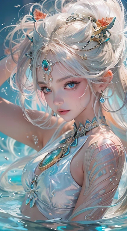 low-girl, 10yoincess of dragon, (Highest quality authentic textured skin),(abyssal),(Fine, Round, Symmetrical eyes),Delicate facial features,(Burning bright and cold eyes), she have beautiul tiger eyes, very slim and thin body, naked, nude, (She has a mischievous smile on her face),(Her face is gentle and beautiful),Glass earrings on the ears,,(Blonde hair),(silvery white hair),(Maroon hair),(Swim at the bottom of the sea),(Full body portrait:1.5),(Dramatic photo:1.4),(dramatic pose),(flamboyant photo)(facing up),(Looking down),(Around her neck hangs a simple necklace of exquisite craftsmanship),A messy painting,(Hair flows in water:1.5),(Underwater, Marine life, Beautiful coral reef, Fish),(Vortices and tidal currents in the background),(Dramaticlight),(Magnificent scene),(Surrounded by beautiful dragon),In the distant background is a temple submerged in a coral reef,the reef,Epic realism,Cinematic feeling,(high-density imaging review:1.5),(Soft color:1.2),Ultra detailed,Dramaticlight,(intricately details:1.1),the complex background,