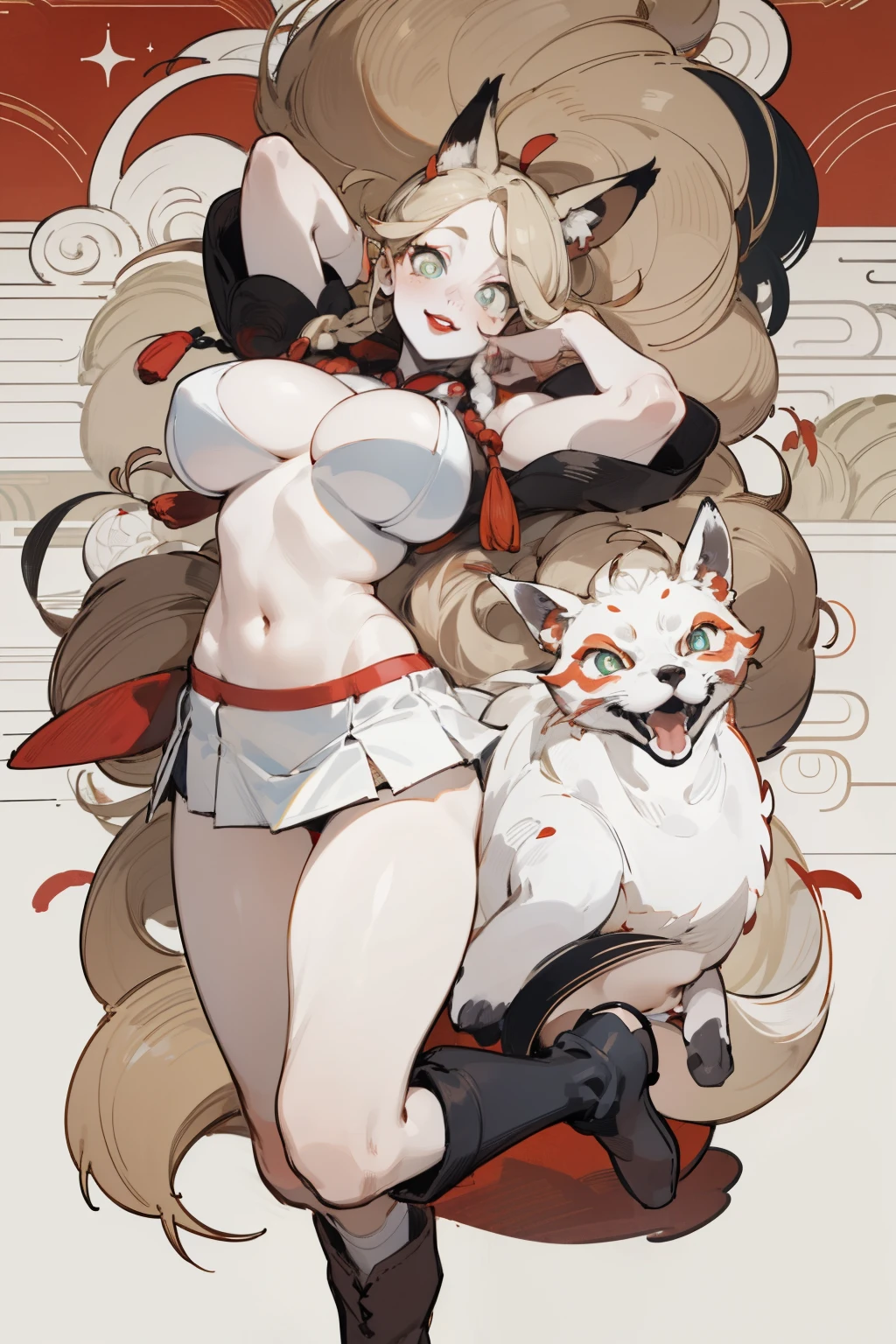 White skin, (Fox ears), Exquisite eyes,Red Eyeshadow, Red lips,White miniskirt,Fake laugh, Ukiyo-e, masterpiece, high quality, White boots,Huge breasts,The navel leaks out