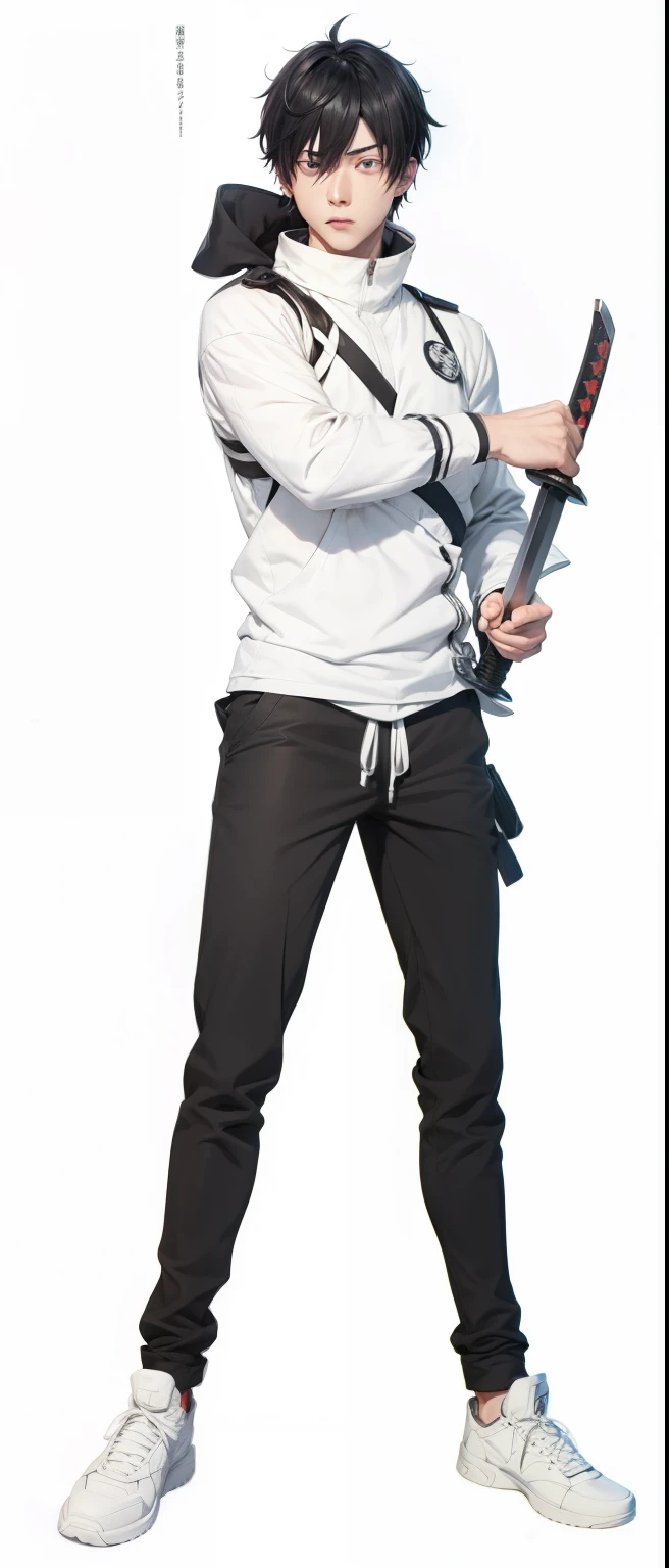 Yuta Okkotsu Character from Anime Jujutsu Kaisen, Realistic Anime style, Detailed body, Handsome boy, face, black hair, gray eyes, Holding sword, Background Jujutsu High School