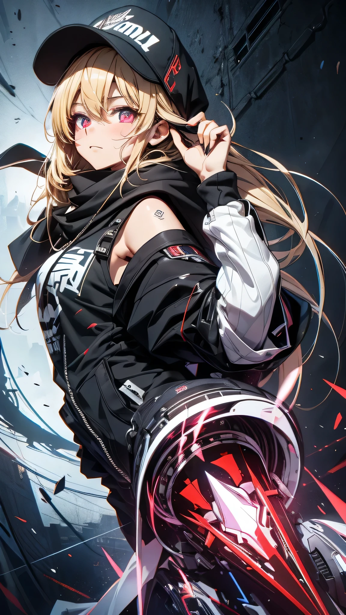 最high quality、Best image quality、masterpiece、girl((18-year-old、 By becoming、Best Bust、Medium Bust,Wide open breast tea、Red glowing eyes,Blonde、Disheveled Hair、Twin tails、thin,The highest valley、Open chest、Luminous Wristbands、hat、hair ornaments、luminous necklace、Black sleeveless hoodie(1:2)、Blue short skirt、Disheveled clothing、Show the whole body,Low - Angle、Hacker-like、sweating、lure、Black cute mask、Leaning against a wall、Black scarf、Holding a Japanese sword、Sad face、Chain Accessories、handcuffs)),high quality、Beautiful art、background((Black Room、Black Wall、Black furniture、Big black TV、Black PC))、Flight、Flying debris、Written boundary depth、movie、Visual Arts、Perfect art、8K,Genuine,