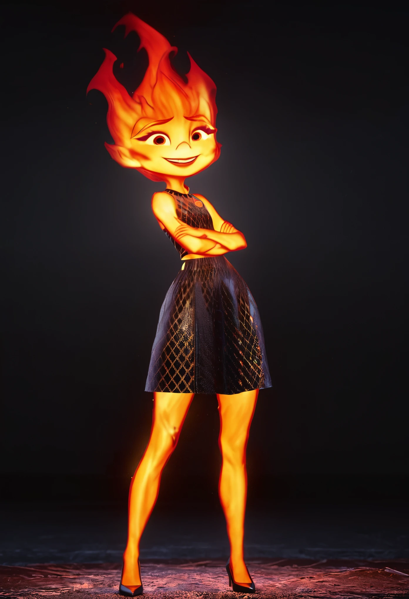 character concept art, ember lumen, girly beautiful model pose, short height ember lumen, small character, ember lumen stands three quarters to the view, happy girly face, fire girl ember lumen, black plain background, masterpiece vfx, perfect 3d render, octane 3d render, cinematic cgi