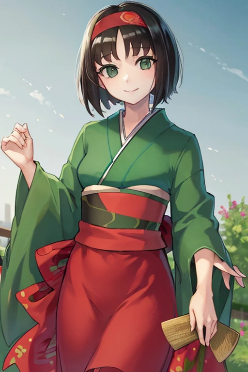 ((masterpiece,highest quality)), Absurd, Erica_Pokemon, Green Eyes, Short black hair, kimono, Similarly, Red Hairband, alone, smile, View your viewers, Cowboy Shot,  Structure of the film,