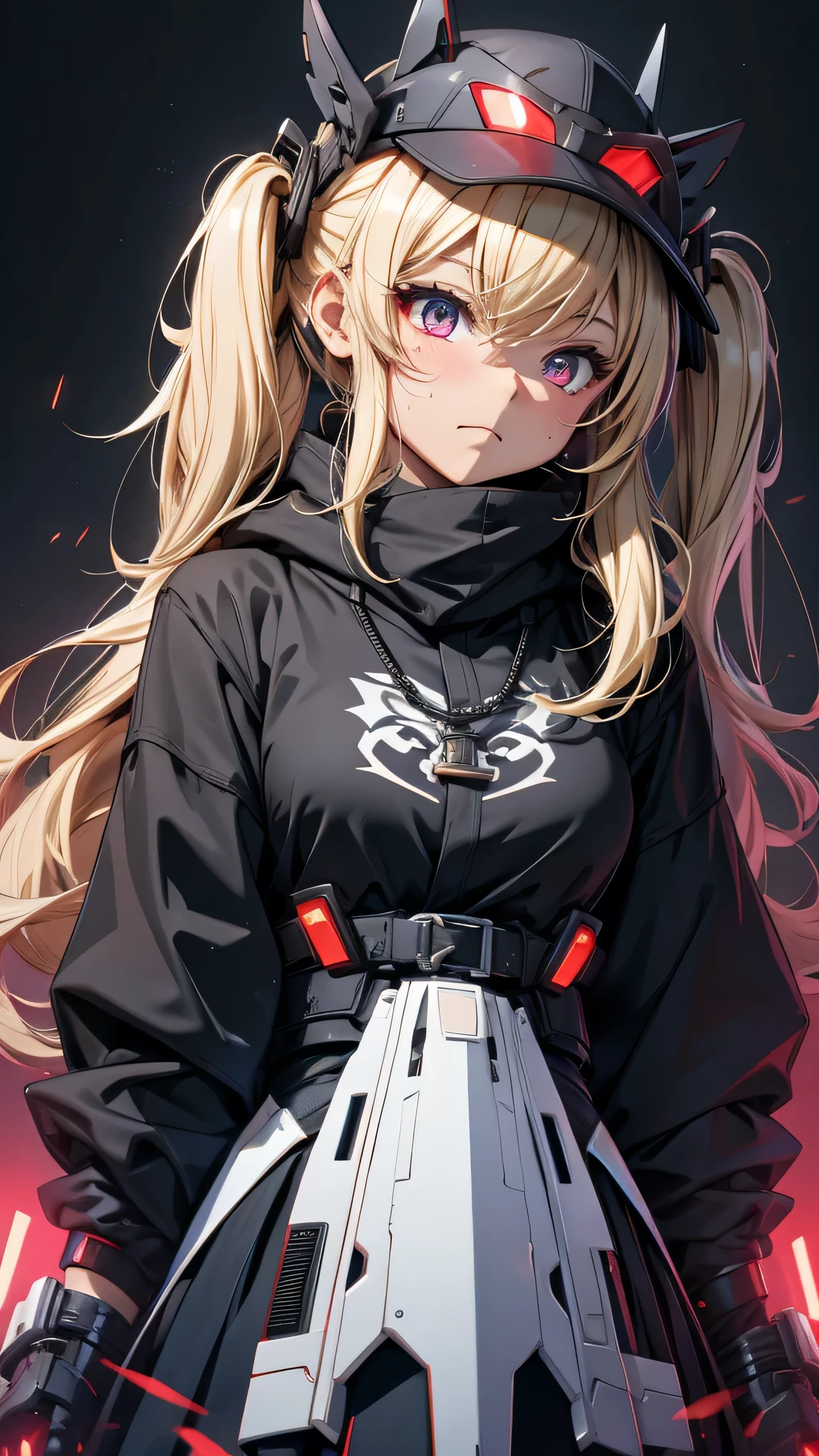 最high quality、Best image quality、masterpiece、girl((18-year-old、 By becoming、Best Bust、Medium Bust,Wide open breast tea、Red glowing eyes,Blonde、Disheveled Hair、Twin tails、thin,The highest valley、Open chest、Luminous Wristbands、hat、hair ornaments、luminous necklace、Black sleeveless hoodie(1:2)、Blue short skirt、Disheveled clothing、Show the whole body,Low - Angle、Hacker-like、sweating、lure、Black cute mask、Leaning against a wall、Black scarf、Holding a Japanese sword、Sad face、Chain Accessories、handcuffs)),high quality、Beautiful art、background((Black Room、Black Wall、Black furniture、Big black TV、Black PC))、Flight、Flying debris、Written boundary depth、movie、Visual Arts、Perfect art、8K,Genuine,