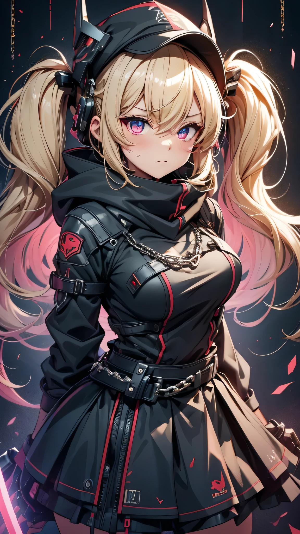 最high quality、Best image quality、masterpiece、girl((18-year-old、 By becoming、Best Bust、Medium Bust,Wide open breast tea、Red glowing eyes,Blonde、Disheveled Hair、Twin tails、thin,The highest valley、Open chest、Luminous Wristbands、hat、hair ornaments、luminous necklace、Black sleeveless hoodie(1:2)、Blue short skirt、Disheveled clothing、Show the whole body,Low - Angle、Hacker-like、sweating、lure、Black cute mask、Leaning against a wall、Black scarf、Holding a Japanese sword、Sad face、Chain Accessories、handcuffs)),high quality、Beautiful art、background((Black Room、Black Wall、Black furniture、Big black TV、Black PC))、Flight、Flying debris、Written boundary depth、movie、Visual Arts、Perfect art、8K,Genuine,