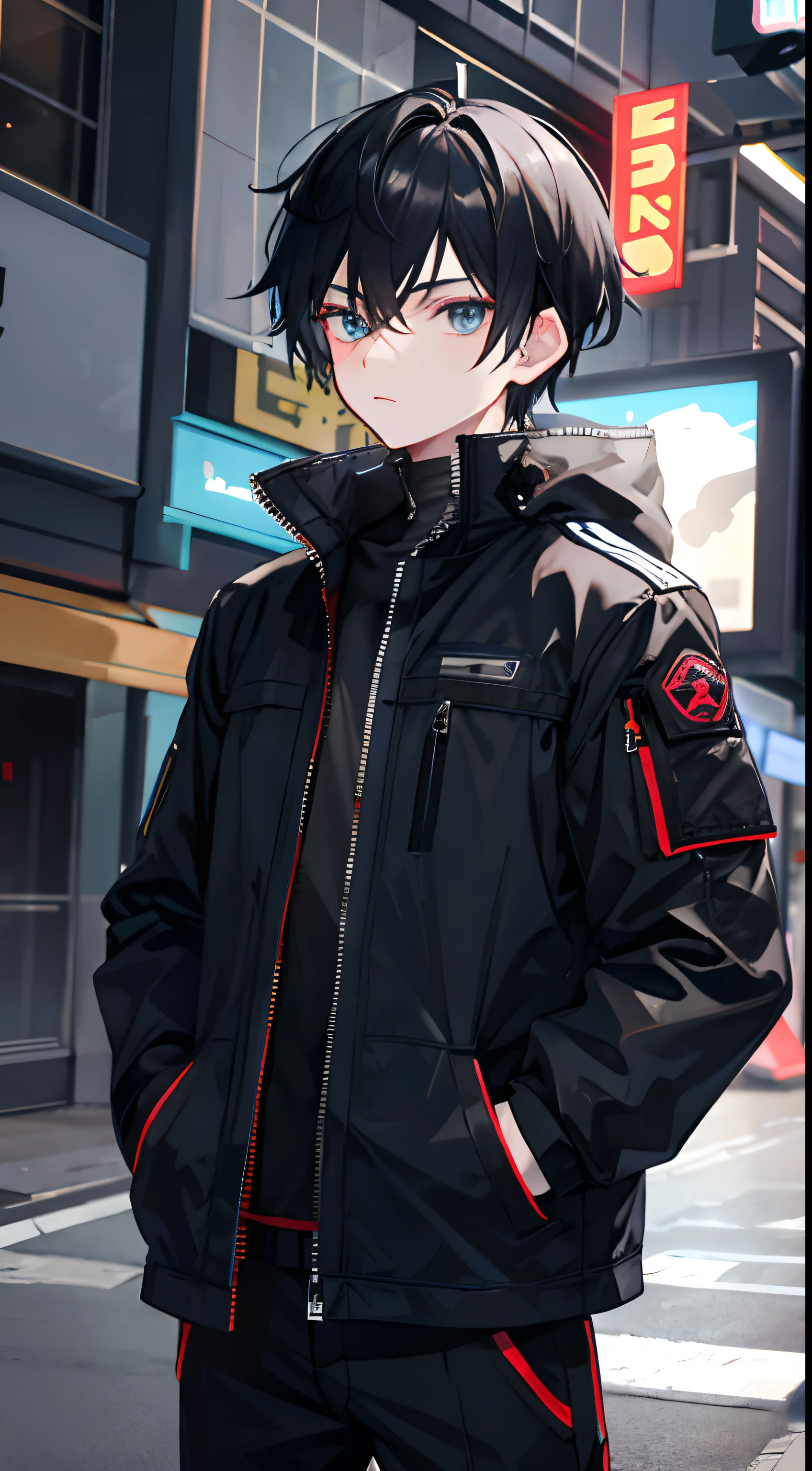 One boy，Tactical Jacket，Night City，rain，Put your hands in your pockets，Black Hair, Tactical clothing, Eye bags