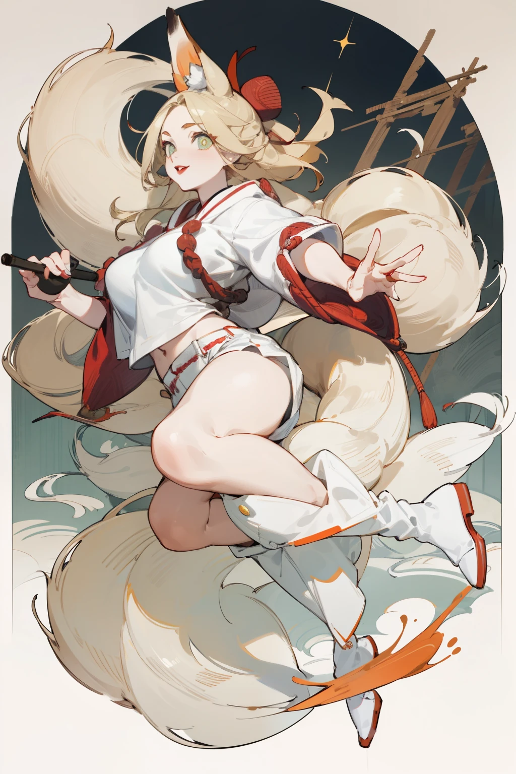 White skin, (Fox ears), Exquisite eyes,Red Eyeshadow, Red lips,White shorts,Fake laugh, Ukiyo-e, masterpiece, high quality, at the lowest limit, Tiny,White boots,Huge breasts,Wearing a straw hat
