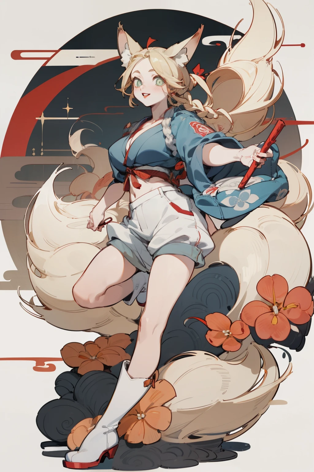 Upper body standing painting, White skin, (Fox ears), Exquisite eyes,Red Eyeshadow, Red lips，White shorts,Fake laugh, Ukiyo-e, masterpiece, high quality, at the lowest limit, Tiny,White boots，Huge breasts