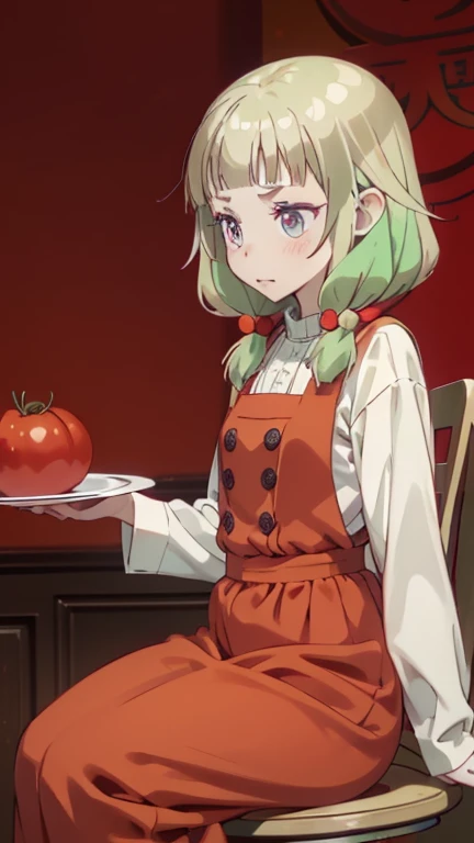White tray、girl with、little man、Red eyes、Green hair、outfits：Tomato、Cosplay：Tomato、plushies、red outfit（（Dwarf sitting on a plate：1.8））、kawaii、be frightened、tremble for