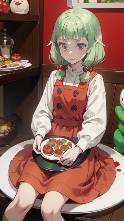 White tray、girl with、little man、Red eyes、Green hair、outfits:Tomato、Cosplay:Tomato、plushies、red outfit((Dwarf sitting on a plate:1.8))、kawaii、be frightened、tremble for