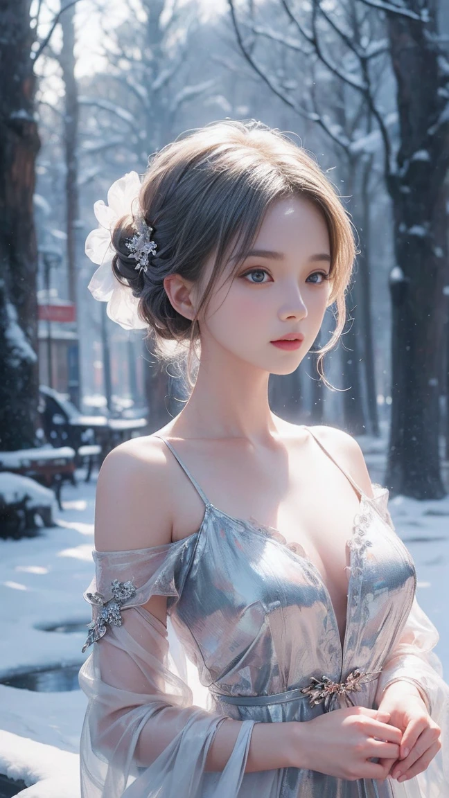 (((masterpiece))), highest quality, figure, 4k wallpaper, Cinematic Light, Absurd, One girl,(snow,ice), Snow Flower, In winter, Gray Hair, Shiny Hair, Wavy Hair, Transparent clothes, Frills, race, Wet clothes, off_shoulder, Hair Scrunchie,masterpiece, telescope lens, Absurd, Graceful featureovie Posting,Poster composition,Strike a pose gracefully,classical,Natural light,Soft Light,(7 Doppelgangers) ,amazing,Dreams are magical,Mysterious、Ecstasy、I can see the flowing notes