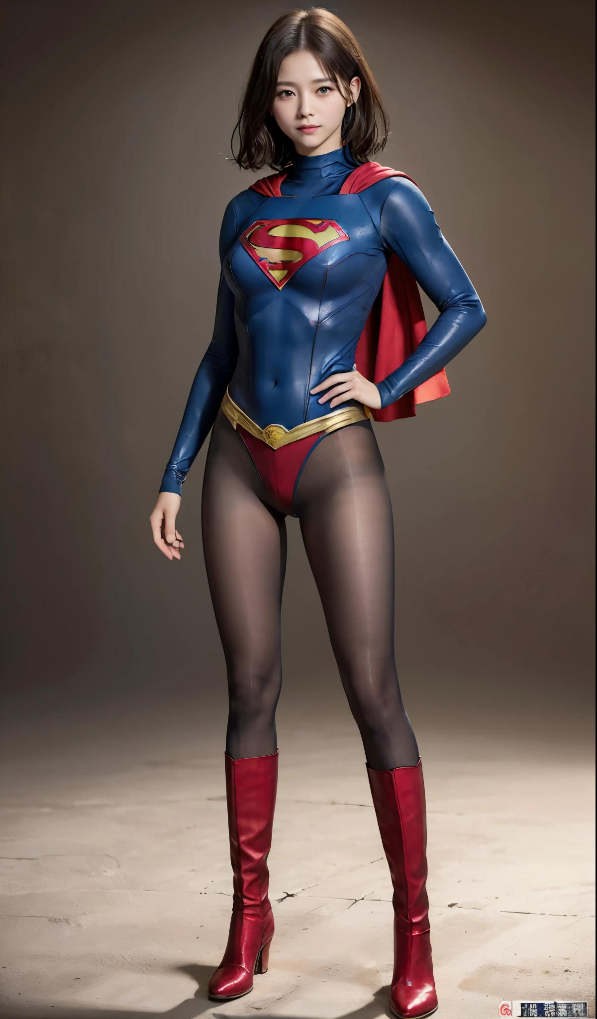 No background、(((Beautiful legs in black tights.)))、(((Legally express the beauty of your smile)))、((((Make the most of your original images)))、(((Supergirl Costume)))、(((Beautiful very short hair)))、(((suffering)))、(((Please wear black tights....、Wear red boots)))、((Best image quality、8k))、((highest quality、8k、masterpiece:1.3))、(((Preserve background )))、Sharp focus:1.2、Beautiful woman with perfect figure:1.4、Slim Abs:1.2、Wet body:1.5、Highly detailed face and skin texture、8k