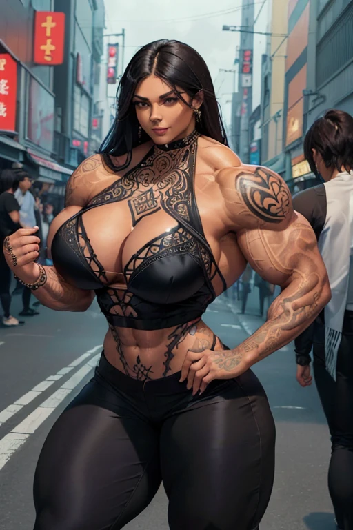 ((((Massive tall, beautiful, buff, brown skinned muscular woman with black hair, tattooed body adorned with intricate designs, ginormous bulky muscles, and wearing a beautiful silk black halter top with black pants)))), ((close view)), massive muscle, massive biceps, hyper muscle shoulders, ((massive muscle arms)) vascular shoulders, hyper muscle triceps, (straight long hair), orange eyes, ((tattooed body adorned with intricate designs)), choker, (pants), high heel boots, (in a crowded Tokyo street), confident smile, night, hyper vascular arm, hyper muscles arms, hyper muscle legs, (massive arms).