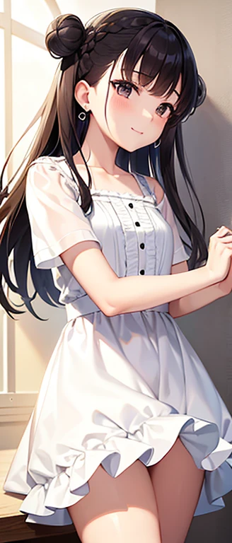 最高quality,Tabletop,(All White Short Sleeve Ruffled Dress,White ribbon at waist at back....),(dark brown hair close to black),  Pure、Upper Body,(Straight hair:1.2)、Fair skin,French Braid,smile,Blunt bangs,　(Buns pats)、Earrings,　Shiny Hair,　Left sideburns are longer than right sideburns,Front view of the body,、、True Face、Sophistication、Reiko Kosugi、quality、Exposing Skin、(Straight hair:1.2)、Modeled、cute、18-year-old、Fluttering thighs、Skin-tight white lace dress