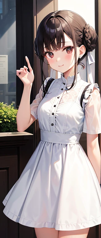 最高quality,Tabletop,(All White Short Sleeve Ruffled Dress,White ribbon at waist at back....),(dark brown hair close to black), Pure、Upper Body,(Straight hair:1.2)、Fair skin,French Braid,smile,Blunt bangs, (Buns pats)、Earrings, Shiny Hair, Left sideburns are longer than right sideburns,Front view of the body,、、True Face、Sophistication、Reiko Kosugi、quality、Exposing Skin、(Straight hair:1.2)、Modeled、cute、18-year-old、Fluttering thighs、Skin-tight white lace dress