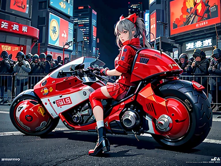 Official Art, Unity 8K Wallpaper, Ultra-detailed, beautifully、aesthetic, masterpiece, highest quality, Realistic, Banya, blush, Hair length, Gray Hair, Striped Hair, red neon eyes, Hair Bow, Mole under the eye, Red Akira Bike, ride a bicycle, night, Cyberpunk City View, great screen, uniform,Neon color,Also々A lovely ,cute ,ribbon,Detailed face,Detailed Mechanism,From the back