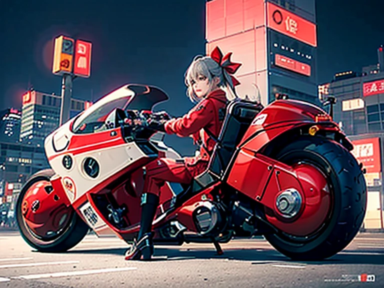 Official Art, Unity 8K Wallpaper, Ultra-detailed, beautifully、aesthetic, masterpiece, highest quality, Realistic, Banya, blush, Hair length, Gray Hair, Striped Hair, red neon eyes, Hair Bow, Mole under the eye, Red Akira Bike, ride a bicycle, night, Cyberpunk City View, great screen, uniform,Neon color,Also々A lovely ,cute ,ribbon,Detailed face,Detailed Mechanism,From the back